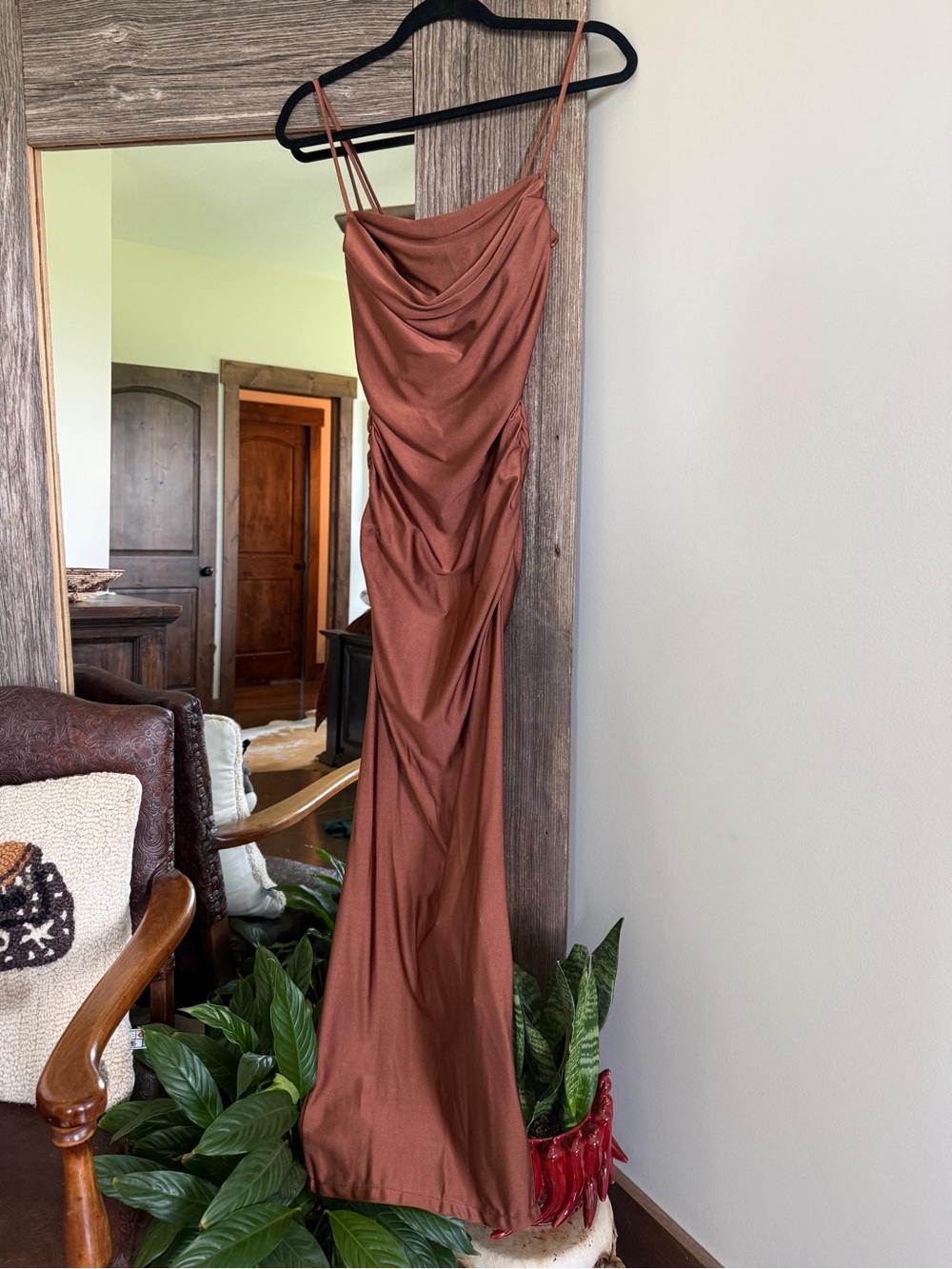 Windsor Slip Cowl Neck Maxi Dress in Rust